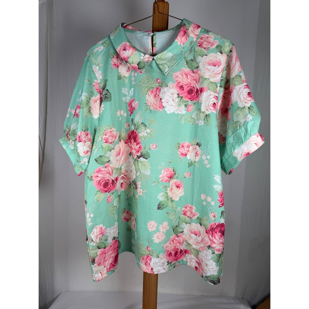 Unbranded Mint Green Floral Rose Print Peter Pan Collar Blouse XL‎ Short Sleeve